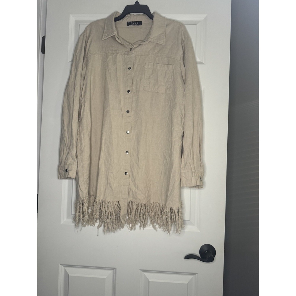 Blue B Button Up Lightweight Shacket Jacket Fringe Bottom Beige Large